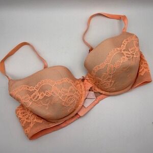VICTORIAS SECRET Lingerie Lace Trim Lined Demi Bra 36C Peach Orange Bow Detail